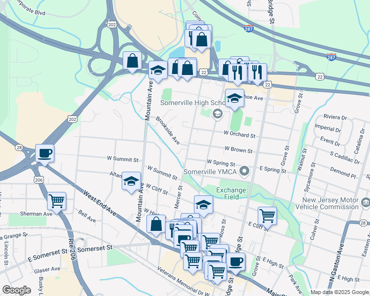 map of restaurants, bars, coffee shops, grocery stores, and more near 129 Mercer Street in Somerville