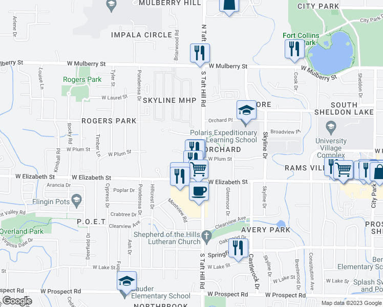 map of restaurants, bars, coffee shops, grocery stores, and more near 2156 West Plum Street in Fort Collins