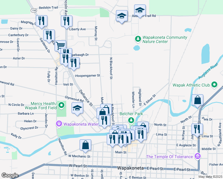 map of restaurants, bars, coffee shops, grocery stores, and more near North Blackhoof Street in Wapakoneta