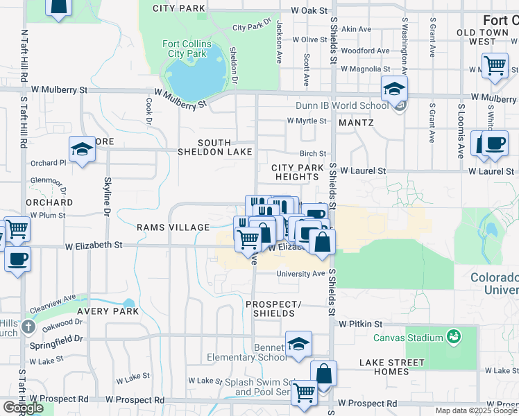 map of restaurants, bars, coffee shops, grocery stores, and more near 1323 West Plum Street in Fort Collins