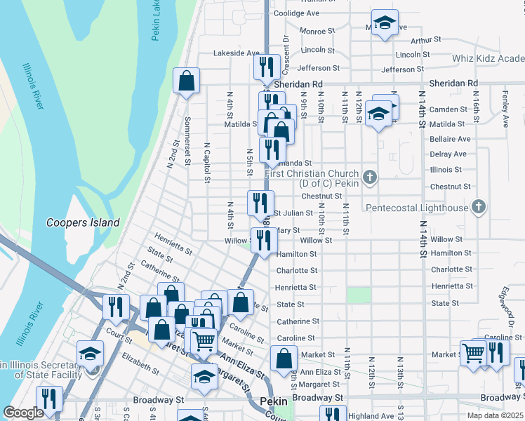 map of restaurants, bars, coffee shops, grocery stores, and more near 1101 North 8th Street in Pekin