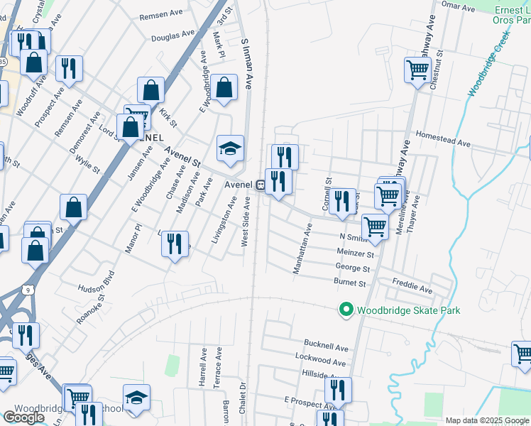map of restaurants, bars, coffee shops, grocery stores, and more near 47 Pennsylvania Avenue in Woodbridge Township