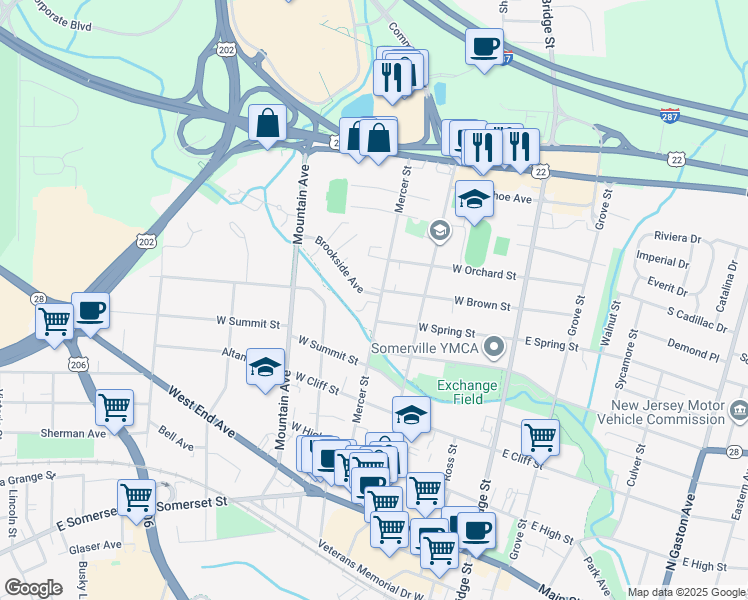 map of restaurants, bars, coffee shops, grocery stores, and more near 129 Mercer Street in Somerville