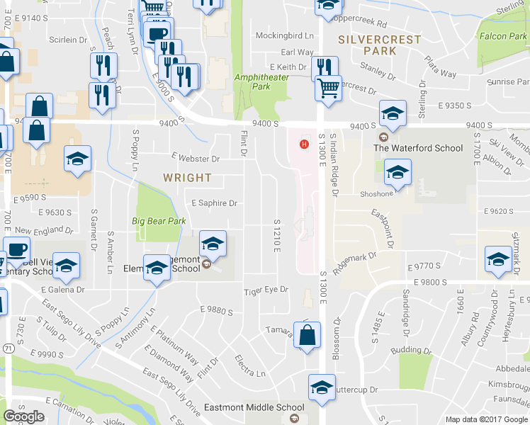 map of restaurants, bars, coffee shops, grocery stores, and more near 9623 Mumford Drive in Sandy