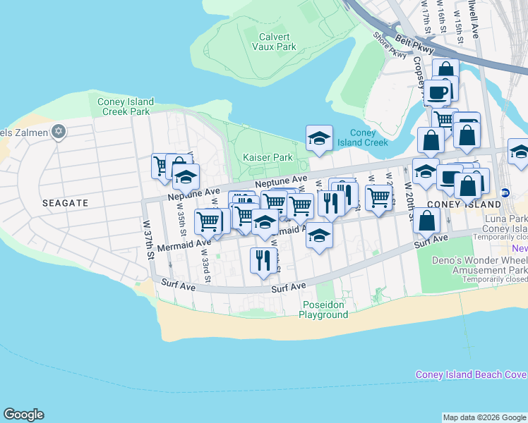 map of restaurants, bars, coffee shops, grocery stores, and more near 2847 West 30th Street in Brooklyn