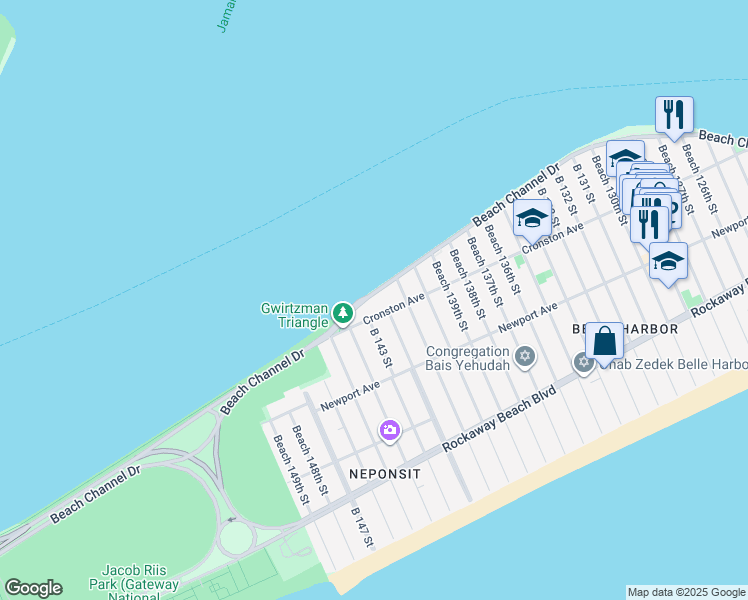 map of restaurants, bars, coffee shops, grocery stores, and more near 143-16 Beach Channel Drive in Queens