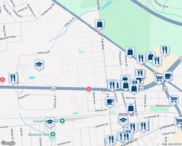 map of restaurants, bars, coffee shops, grocery stores, and more near 806 Brooklyn Avenue in Raritan
