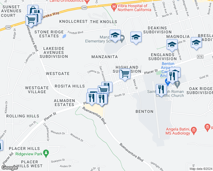 map of restaurants, bars, coffee shops, grocery stores, and more near 1634 San Francisco Street in Redding