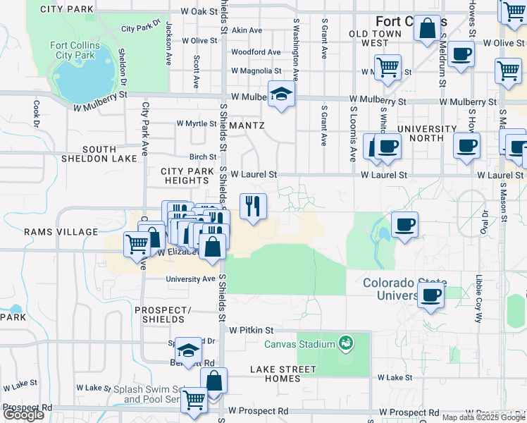 map of restaurants, bars, coffee shops, grocery stores, and more near 901 West Plum Street in Fort Collins