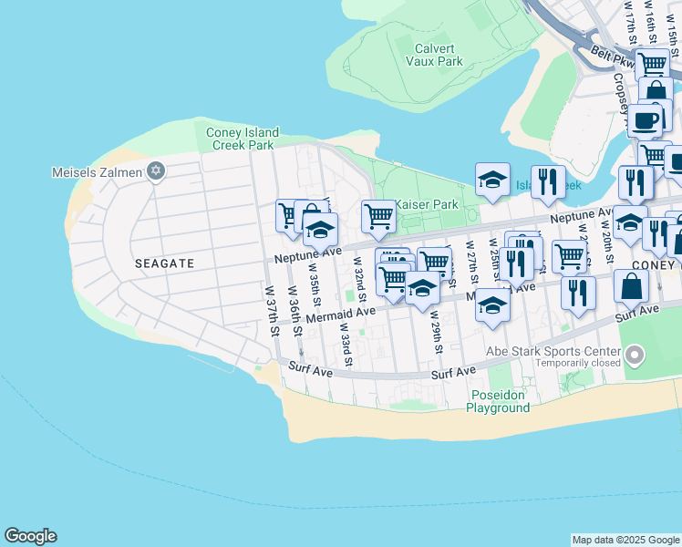 map of restaurants, bars, coffee shops, grocery stores, and more near 2839 West 33rd Street in Brooklyn