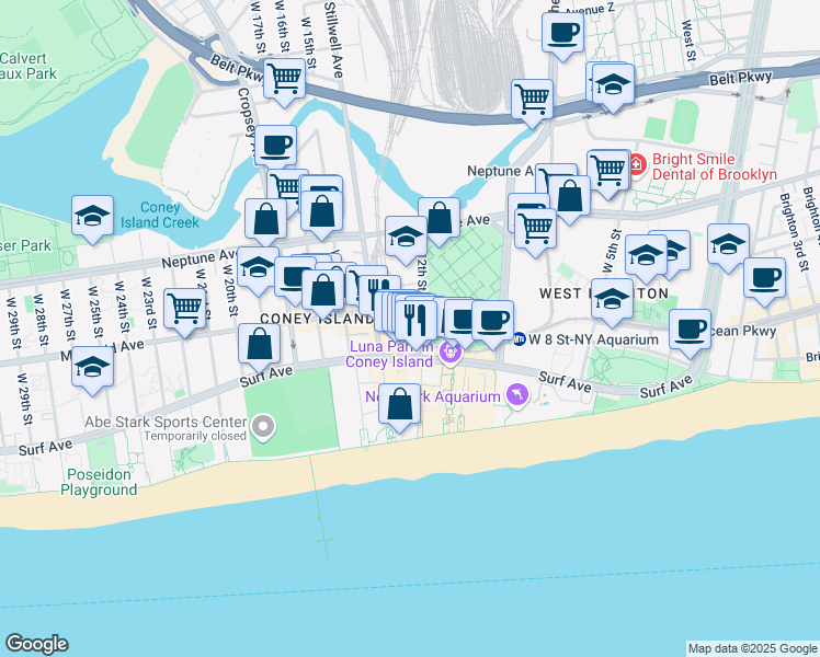 map of restaurants, bars, coffee shops, grocery stores, and more near 2906w West 12th Street in Brooklyn