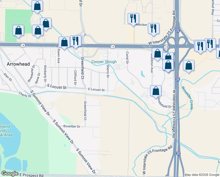 map of restaurants, bars, coffee shops, grocery stores, and more near 816 Sherry Drive in Fort Collins