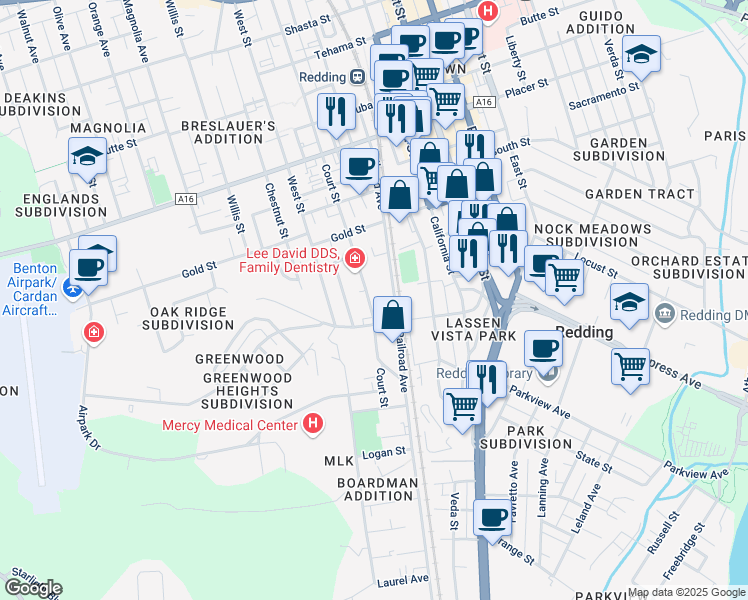 map of restaurants, bars, coffee shops, grocery stores, and more near 2209 Court Street in Redding