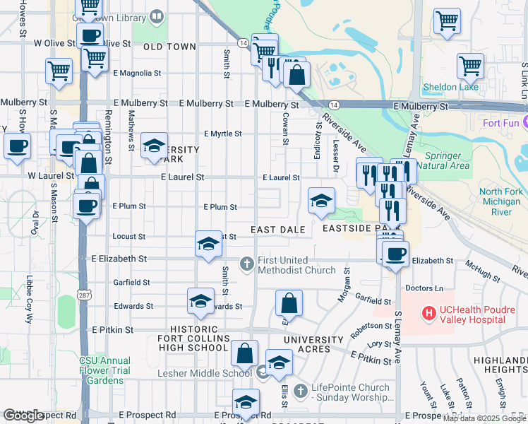 map of restaurants, bars, coffee shops, grocery stores, and more near 705 Eastdale Drive in Fort Collins