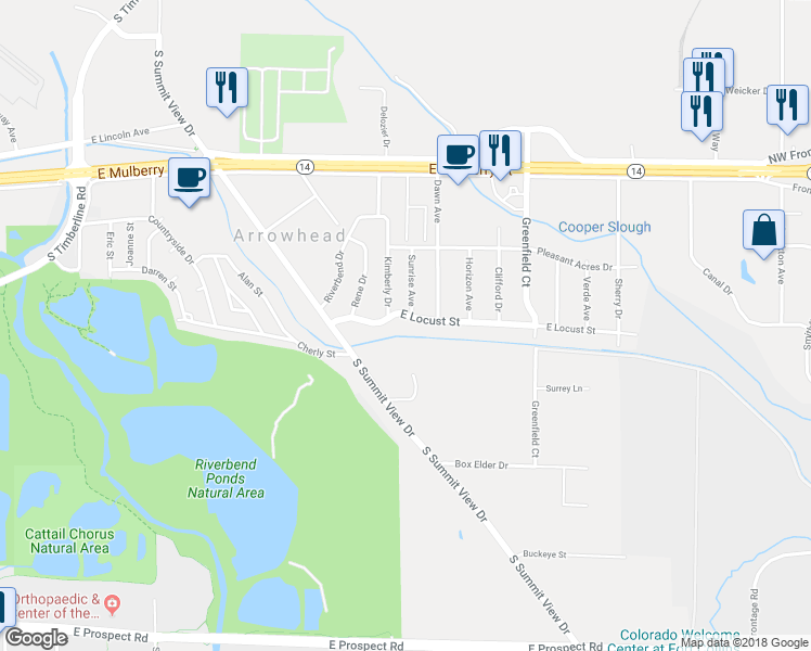 map of restaurants, bars, coffee shops, grocery stores, and more near 3101 East Locust Street in Fort Collins