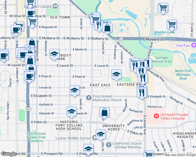 map of restaurants, bars, coffee shops, grocery stores, and more near 705 Eastdale Drive in Fort Collins