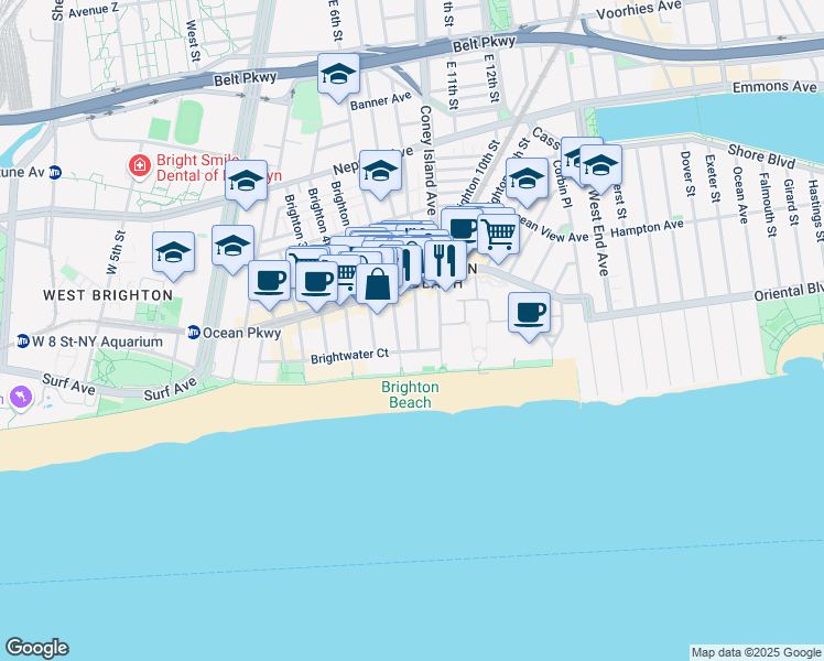 map of restaurants, bars, coffee shops, grocery stores, and more near 3110 Brighton 7th Street in Brooklyn