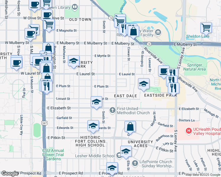 map of restaurants, bars, coffee shops, grocery stores, and more near 619 East Plum Street in Fort Collins