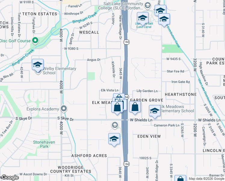 map of restaurants, bars, coffee shops, grocery stores, and more near Elk Vista Lane in South Jordan