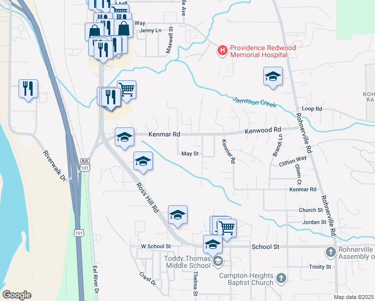 map of restaurants, bars, coffee shops, grocery stores, and more near 2550 May Street in Fortuna