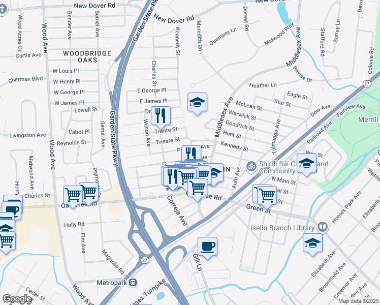 map of restaurants, bars, coffee shops, grocery stores, and more near 88 Marconi Avenue in Woodbridge Township