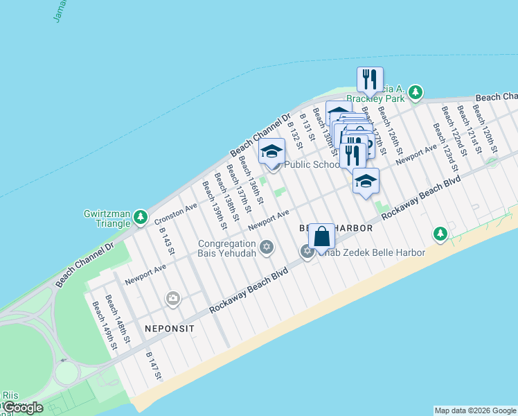map of restaurants, bars, coffee shops, grocery stores, and more near 4-21 Beach 136th Street in Queens