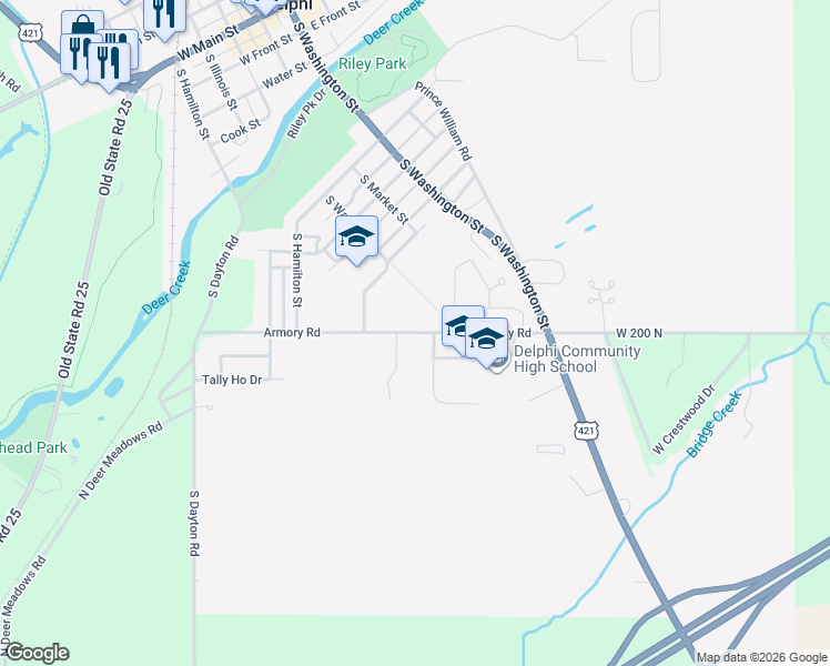 map of restaurants, bars, coffee shops, grocery stores, and more near County Road 200 North in Delphi