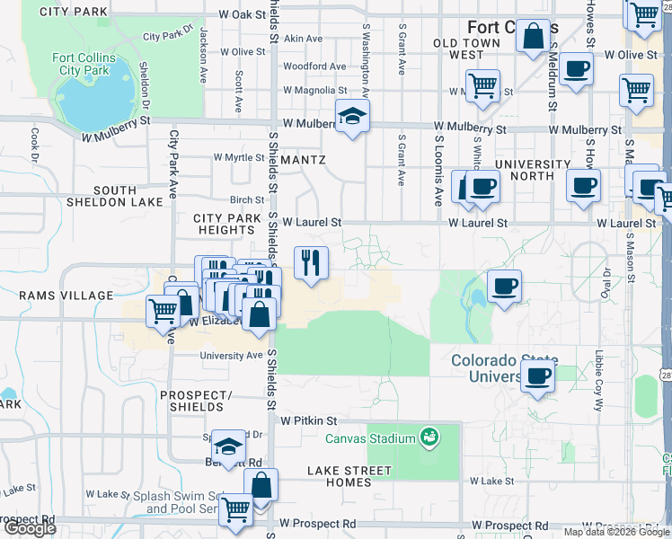 map of restaurants, bars, coffee shops, grocery stores, and more near 950 West Plum Street in Fort Collins