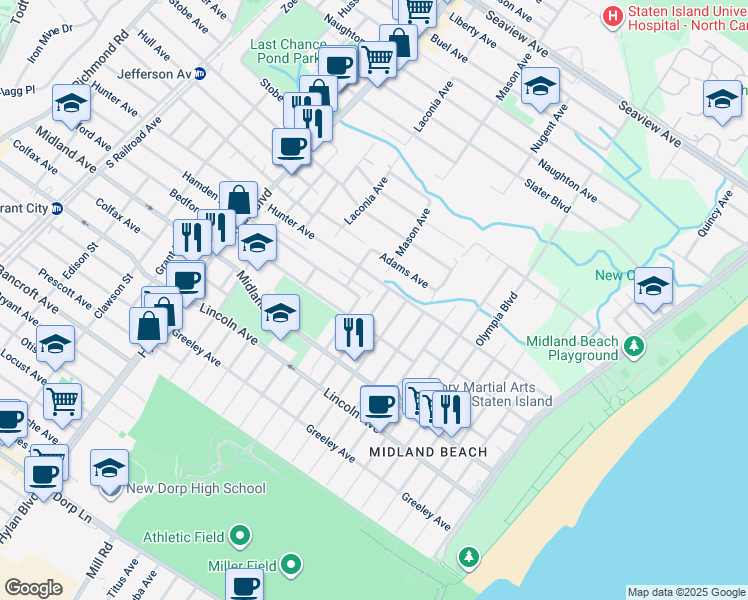 map of restaurants, bars, coffee shops, grocery stores, and more near 121 Moreland Street in Staten Island