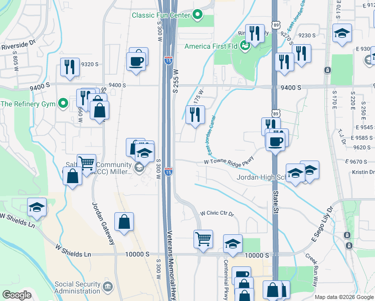 map of restaurants, bars, coffee shops, grocery stores, and more near 230 West Towne Ridge Parkway in Sandy