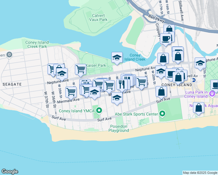 map of restaurants, bars, coffee shops, grocery stores, and more near 2866 W 27th St in Brooklyn