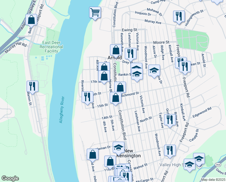 map of restaurants, bars, coffee shops, grocery stores, and more near 1534 Horne Boulevard in New Kensington