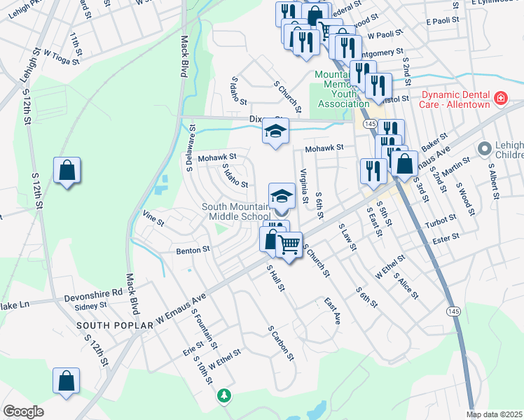 map of restaurants, bars, coffee shops, grocery stores, and more near 2041 Baker Drive in Allentown