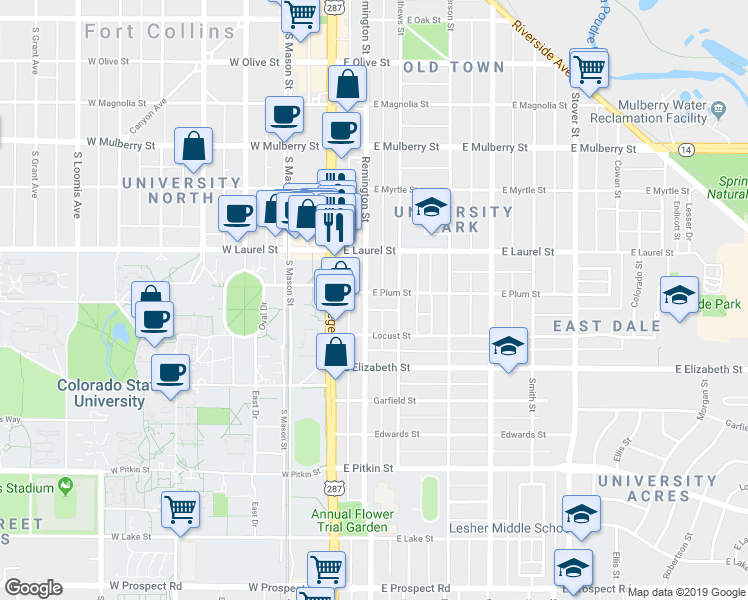 map of restaurants, bars, coffee shops, grocery stores, and more near 205 East Plum Street in Fort Collins