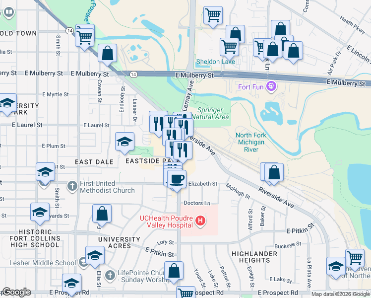 map of restaurants, bars, coffee shops, grocery stores, and more near 808 South Lemay Avenue in Fort Collins