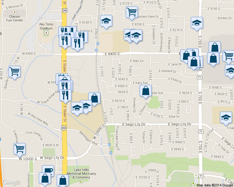 map of restaurants, bars, coffee shops, grocery stores, and more near 240 Tj Dr in Sandy