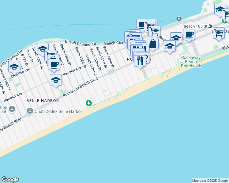 map of restaurants, bars, coffee shops, grocery stores, and more near 131 121 Street in Queens