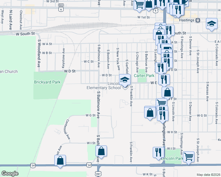 map of restaurants, bars, coffee shops, grocery stores, and more near 1371 West E Street in Hastings