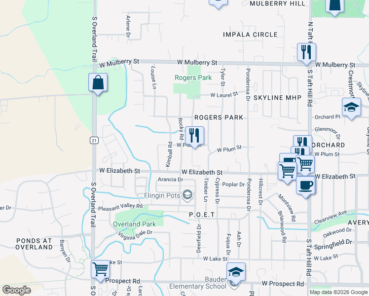 map of restaurants, bars, coffee shops, grocery stores, and more near 900 Rocky Rd in Fort Collins