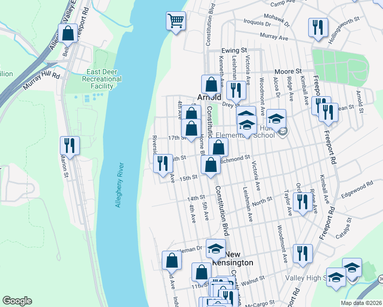 map of restaurants, bars, coffee shops, grocery stores, and more near 1603 5th Avenue in Arnold