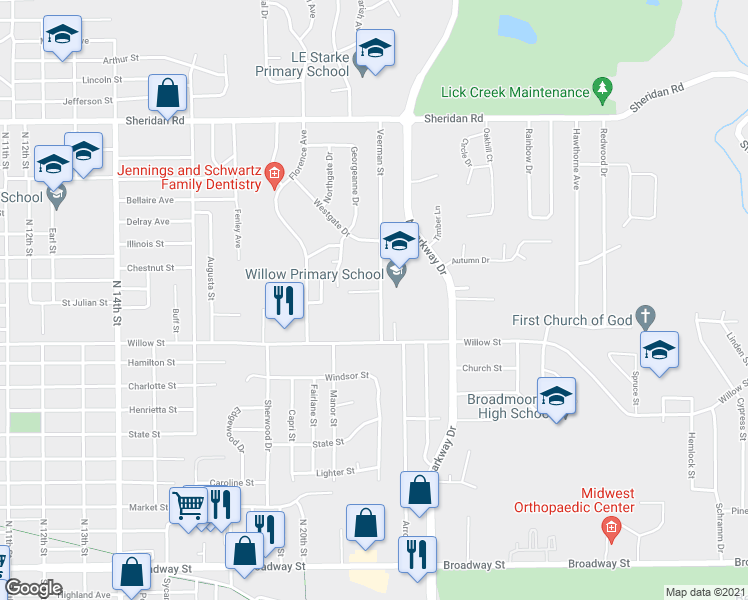 map of restaurants, bars, coffee shops, grocery stores, and more near 1011 Veerman Street in Pekin