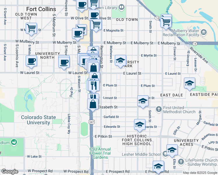 map of restaurants, bars, coffee shops, grocery stores, and more near 223 East Plum Street in Fort Collins