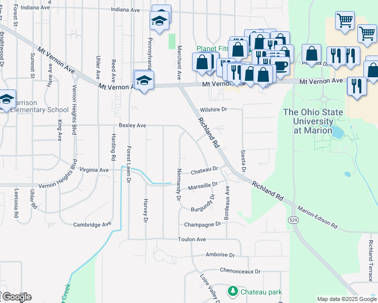 map of restaurants, bars, coffee shops, grocery stores, and more near 986 Normandy Circle in Marion