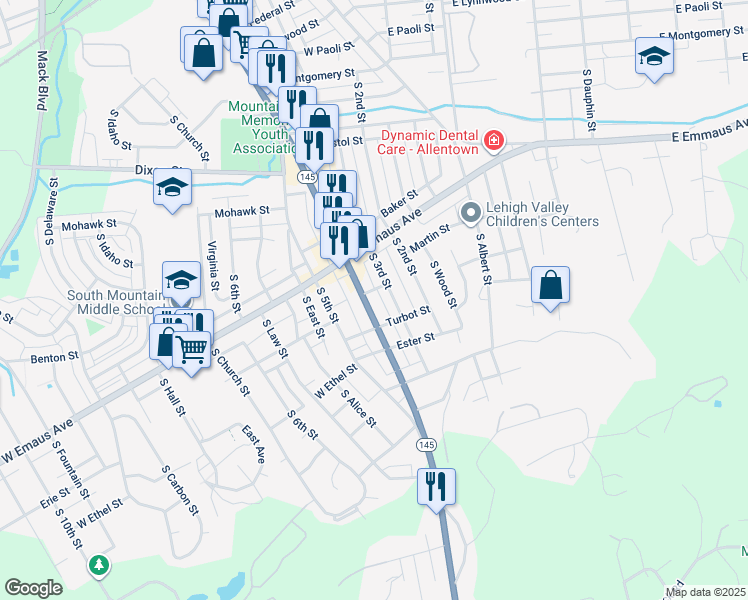map of restaurants, bars, coffee shops, grocery stores, and more near 2323-2325 South 4th Street in Allentown