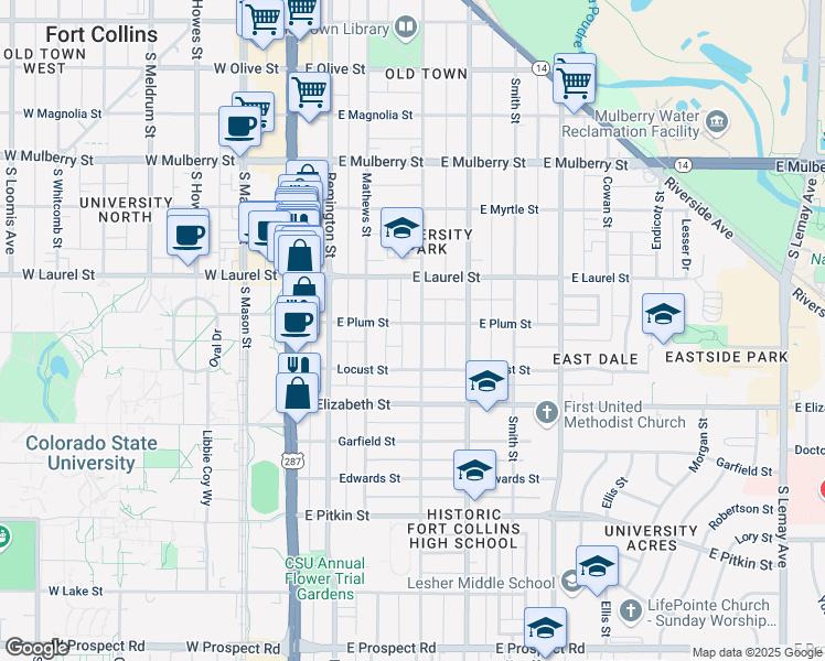 map of restaurants, bars, coffee shops, grocery stores, and more near 801 Peterson Street in Fort Collins