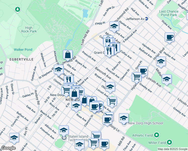 map of restaurants, bars, coffee shops, grocery stores, and more near 124 Bryant Ave in Staten Island