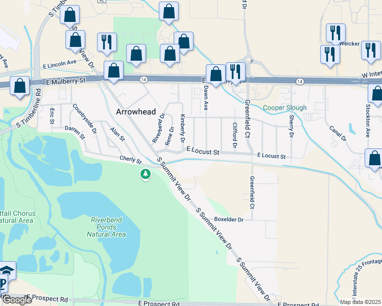 map of restaurants, bars, coffee shops, grocery stores, and more near 3115 East Locust Street in Fort Collins