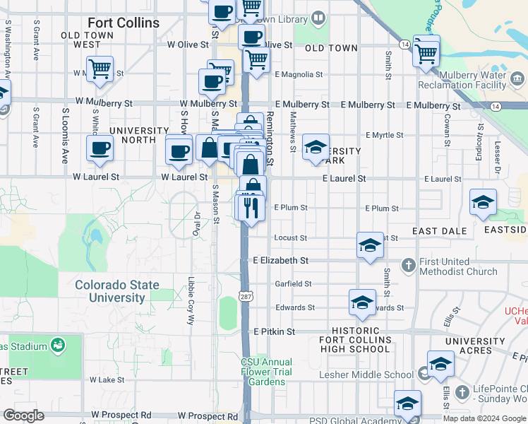 map of restaurants, bars, coffee shops, grocery stores, and more near 802 South College Avenue in Fort Collins