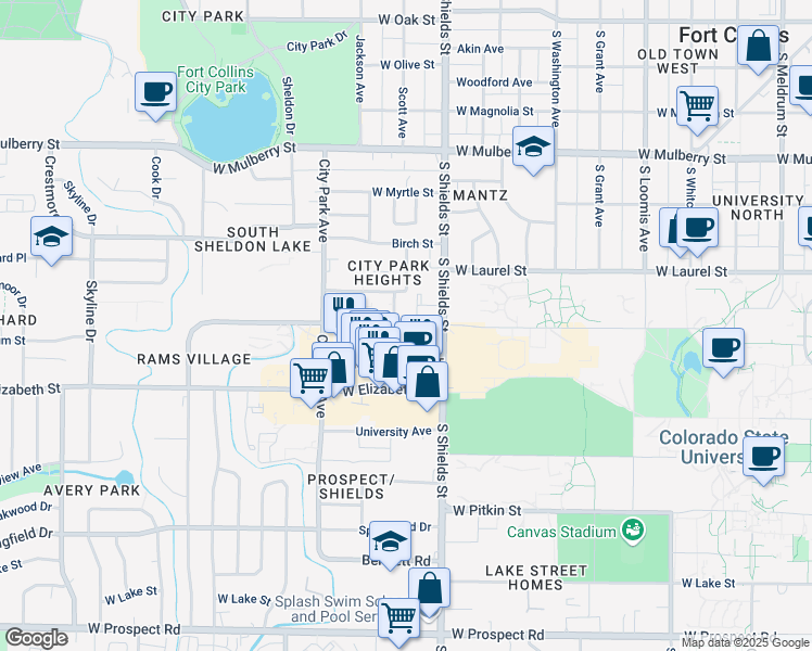 map of restaurants, bars, coffee shops, grocery stores, and more near 1113 West Plum Street in Fort Collins