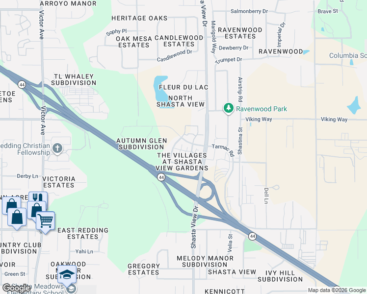 map of restaurants, bars, coffee shops, grocery stores, and more near 2348 la Villa Way in Redding